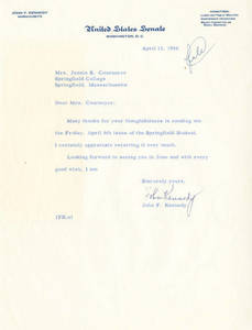 Commencement letter from John F. Kennedy (1956)