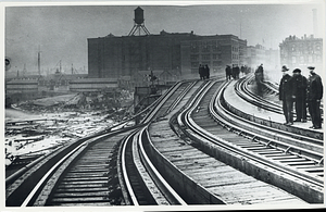 Molasses Flood, view along tracks and wreckage below