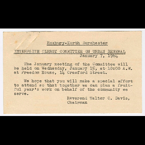 Postcard from Reverend Walter C. Davis to Otto Snowden concerning clergy committee on urban renewal meeting to be held January 15, 1964