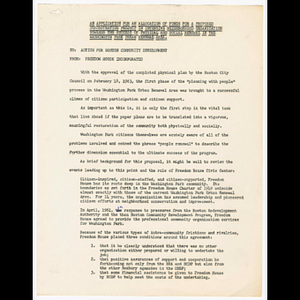 An application for an allocation of funds for a proposed demonstration project in intensive neighborhood organization towards the success of physical and social renewal in the Washington Park urban renewal area