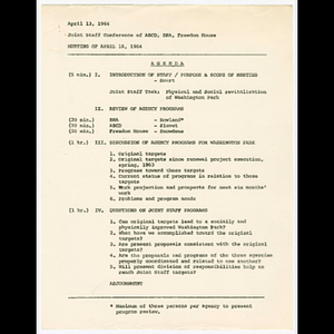 Agenda for joint staff conference of Action for Boston Community Development (ABCD), Boston Redevelopment Authority (BRA) and Freedom House on April 16, 1964