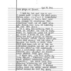 Letter to Boston from a student at Cedar Ridge High School (Round Rock, Texas)