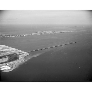 Over the Harbor, end of runway, Logan International Airport, Winthrop, MA, right, Deer Island, water tower, P. T. Shirley, Boston, MA