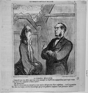 Le TERRIBLE RÉGISSEUR. - Comment vous me dites que vous avez manqué la répétition aujourd'hui parce que vous avez posé des sangsues à votre mère?... - Oui, monsieur! - Mais il y a trois mois, en entrant ici, vous m'avez dit que vous étiez orpheline... c'est la première fois, dans ma longue carrière dramatique, que je vois poser des sangsues a une personne morte.