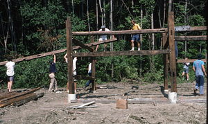 Installing beams in Moon Barn Raising at entrance to Hopkins Forest on 2 August 1975.