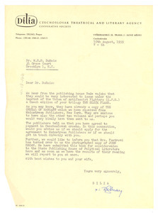 Letter from Czechoslovak Theatrical and Literary Agency to W. E. B. Du Bois