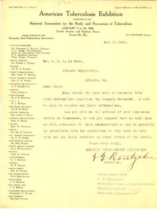 Letter from American Tuberculosis Exhibition to W. E. B. Du Bois