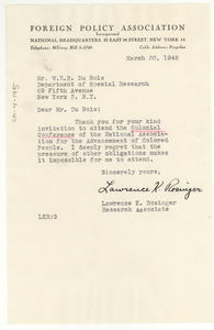Letter from Lawrence K. Rosinger to W. E. B. Du Bois