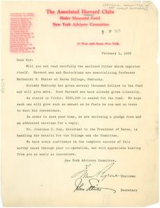 Circular letter from Associated Harvard Clubs Shaler Memorial Fund to W. E. B. Du Bois