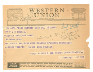 Telegram from Civil Rights Congress of Michigan to W. E. B. Du Bois