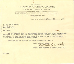 Letter from Record Publishing Company to W. E. B. Du Bois