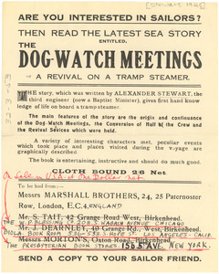 Advertisement for The dog watch meetings; or a Revival on a tramp steamer