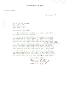 Letter from Francis E. Ray to W. E. B. Du Bois