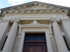 Griswold Memorial Library: view of pediment above front entrance