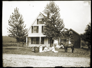 Women and horse in front of house, Greenwich, Mass.