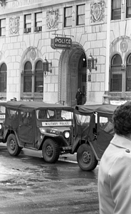 Military Police vehicle in front of Boston Police Headquarters on Berkeley Street