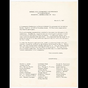 Letter about attending community conference on Boston's Model City proposal on April 2, 1967 and conference agenda