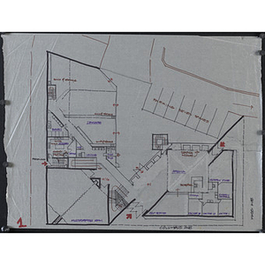 Harriet Tubman House first floor room layout with daycare area, multipurpose room, reception area, elderly care area, and parking spaces outside the building