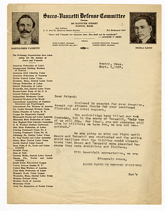 Sacco-Vanzetti Defense Committee form letter, September 1, 1927