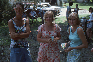 Sandy Jorling, Pam Art, and Bev Stevens (left to right) at Moon Barn Raising at entrance to Hopkins Forest on 2 August 1975. View to south.