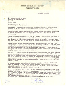 Letter from First Unitarian Church of Los Angeles to Shirley and W. E. B. Du Bois