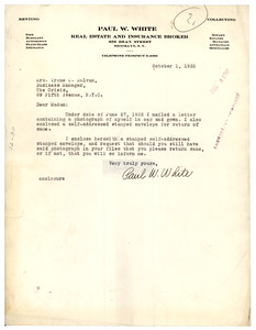 Letter from Paul W. White to Irene C. Malvan
