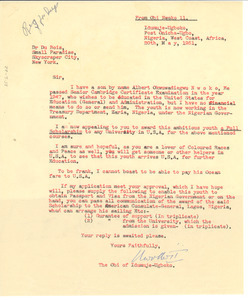 Letter from Obi Nwoko II to W. E. B. Du Bois