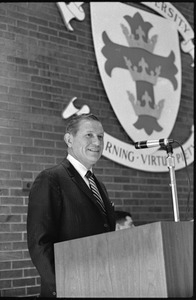 Governor Volpe and Elliot Richardson at Boston University: John Volpe at a podium, smiling