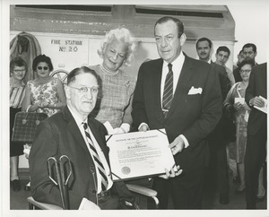 Dr. Stevenson being presented with an award by Mrs. H. Lawrence Bogert, Jr. and Mayor Robert F. Wagner