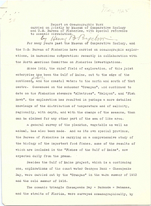 Six-page typescript report titled Report on Oceanographic Work carried on jointly by Museum of Comparative Zoology and U. S. Bureau of Fisheries, with special reference to oceanic circulation, by Henry Bryant Bigelow