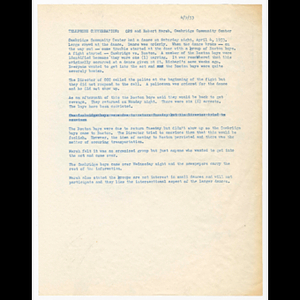 Document concerning telephone conversation between OPS and Robert Marsh of Cambridge Community Center about a fight at a dance held April 4, 1953