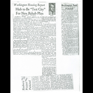 Photocopies of newspaper articles about Federal Housing Administration's minimum property standards, and picketing of Washington Park private housing development over fair wages