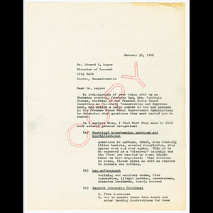 Letter from Muriel Snowden to Edward J. Logue about questions and topics citizens want addressed in upcoming February 2 meeting