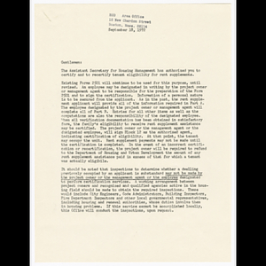 Letter from Irving A. Solomon to Housing and Urban Development area office about recertifying tenant eligibility for rent supplements