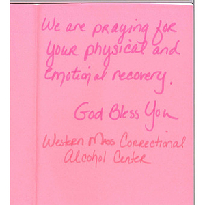 Card from a woman at the Western Massachusetts Correctional Alcohol Center