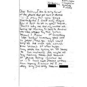 Letter to the city of Boston from a student at Jasper Junior High School (Jasper, Texas)