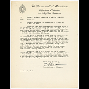 Memorandum from Owen B. Kiernan to members of advisory committee on racial imbalance about implementation of Chapter 641 of Acts of 1965