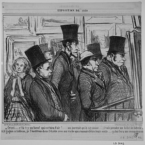 - Cristi..... v'là-t-y un bœuf qui est bien fait!....... on jurerait qu'il est vivant....., j'vais prendre un billet de loterie et si je gagne ce tableau, je l'mettrons dans l'étable avec ma vache qui s'ennuie d'être toute seule...... ça lui fera un compagnon.