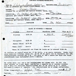 Form to reserve kiosks and tables for the Festival Puertorriqueño de Massachusetts, filled out for the Club [de] Leones Latinos, with attatched check signed by Rafael Troche