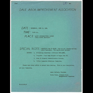 Flier for Dale Area Improvement Association meeting to be held June 17, 1964