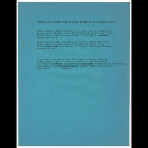 Draft of press release, Freedom House receives grant to assist in Roxbury urban renewal program