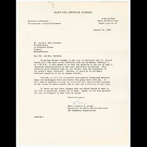 Letter from Ledonia S. Wright to Mr. and Mrs. Snowden about suggested changes to the list of potential questions for interview by Dr. Caplan for visiting faculty seminar in community psychiatry