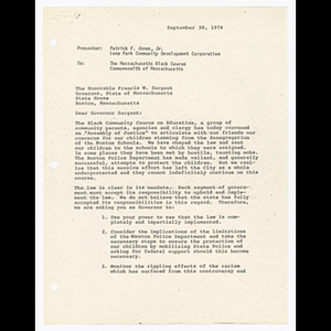 Letter presented by Patrick F. Jones, Jr. to Massachusetts Black Caucus and Governor Francis W. Sargent about the Black Community Caucus on Education and desegregation of Boston public schools