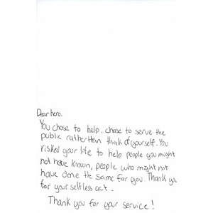 "Dear Hero" Card from UCONN student