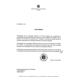 Letter from the Ambassador of the Principality of Andorra to France to the United States Ambassador to France, Charles Rivkin