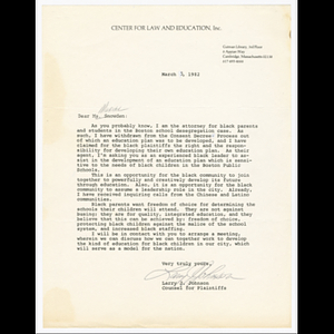 Letter from Larry J. Johnson to Muriel Snowden about developing an education plan for Boston Public Schools