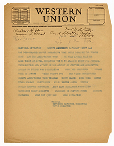 Telegram from Tom O'Connor to Paxton Hibben, Robert Morss Lovett, and Rex Stout, circa August 1927