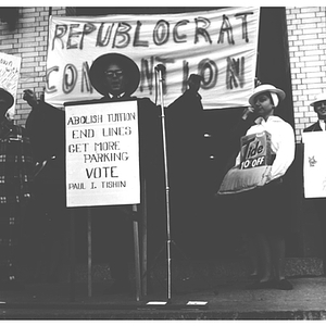 Mayor of Huntington Avenue candidate Paul I. Tishin stands at the podium of the "Republocrat Convention" on the steps of Ell Hall