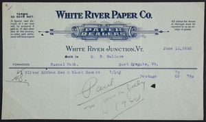Billhead for the White River Paper Company, paper dealers, White River Junction, Vermont, dated June 12, 1920