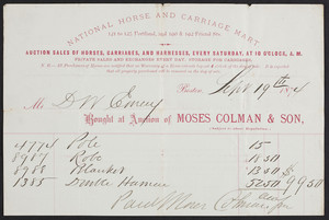 Billhead for Moses Colman & Son, National Horse and Carriage Mart, 121 to 125 Portland and 190 & 192 Friend Streets, Boston, Mass., dated September 19, 1874